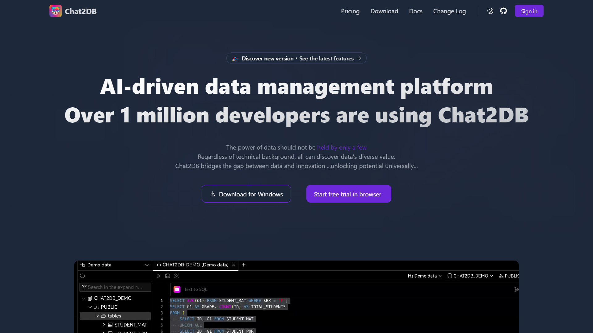 A cross-platform multi-database management tool equipped with AI-driven features for intelligent SQL development, intelligent reporting, and data exploration.
